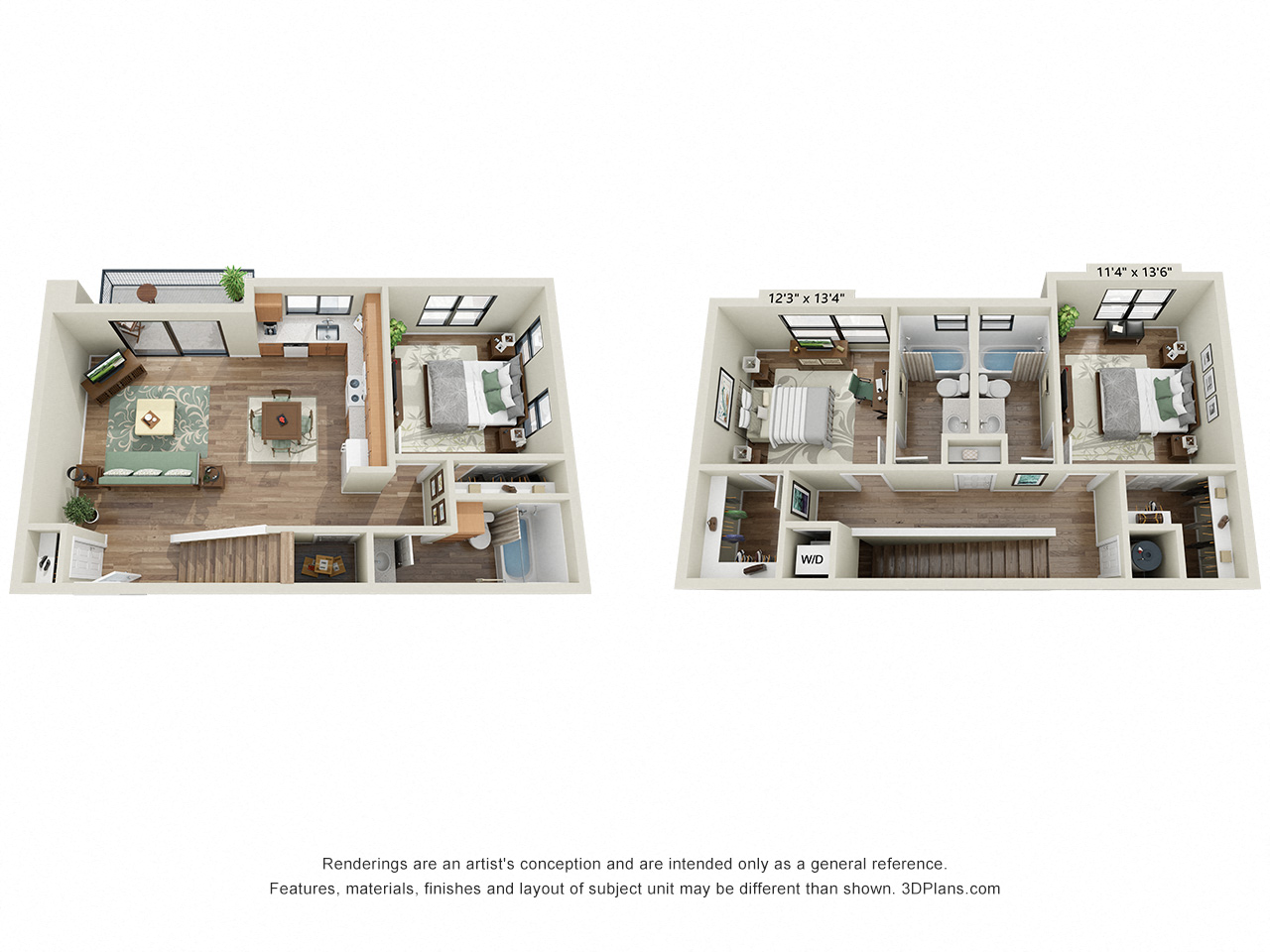Floor plan for 3 beds, 3 baths, 1368 sqft
